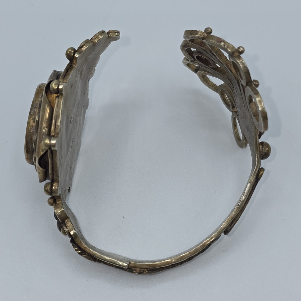 VTG Brass Cuff Blue Stones Cabochons Modernist Artisan Statement Bracelet 75g - Picture 9 of 16